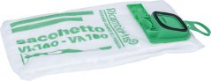 Wäisse Filterstëbbsak fir de Staubsauger mat engem Textilrand an engem grénge Plastiksadapter mat Grëff