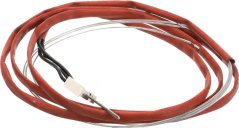 Zündelektrode WR 768G213 (mat Kabel), mat enger roude gewiirfter Isolatioun iwwerzunn an engem Steckverbinder mat zwee Stëfter um Enn.