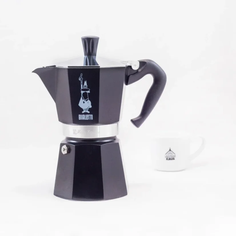 Cafetière Moka noire Bialetti Moka Express pour 6 tasses, adaptée pour une utilisation sur source de chaleur halogène.