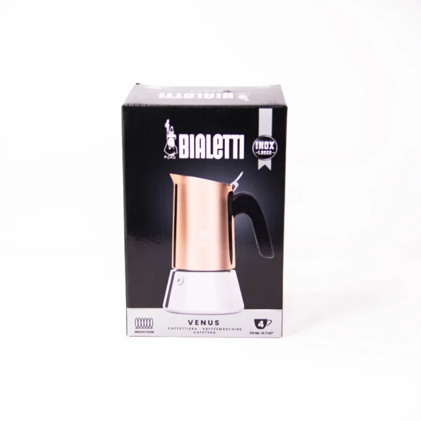 Bialetti New Venus Moka pot for 4 cups in original packaging on a white background