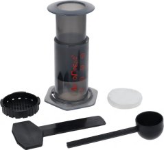 AeroPress-Kaffismaschinn, Set mat Kammer, Kolven, Entonnoir, Siwen, Pabeierfilter, Läffel a Mooss.