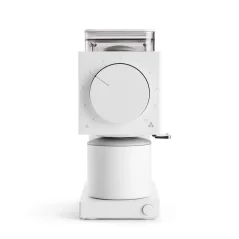 White Fellow Ode Brew electric coffee grinder on a white background, front view