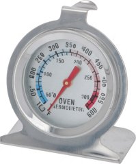 Ronnen Thermometer fir den Uewen mat engem Metallrahmen, engem Ziffersblat an engem Stänner.