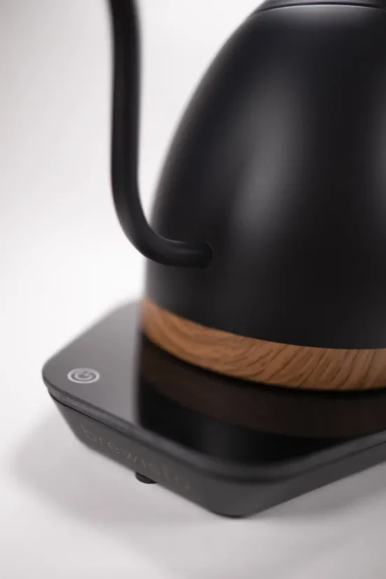 Close-up of a Brewista kettle with a warming function and an elegant gooseneck