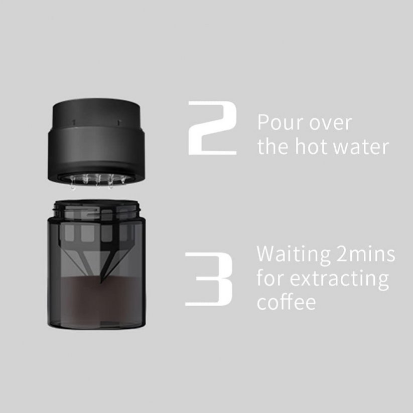 Preparazione del caffè e successivo filtraggio nel contenitore del macinacaffè Timemore Advanced 123.