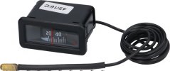 Schwaarzt rechteckegt Thermometer mat enger ronner Skala an engem roude Weiser, d'Kapillar an engem Kabel opgerollt mat Messingbescher.