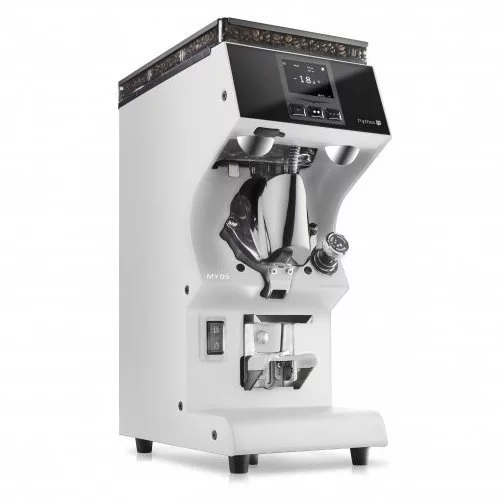 Wäissen Espresso Kaffismillen Victoria Arduino Mythos MY85 mat der Bezeechnung qualitativ.