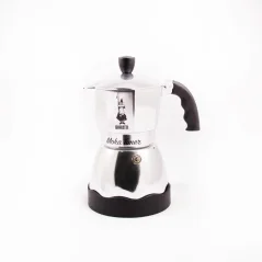 Silver Bialetti Moka Timer coffee maker for 3 cups on a white background