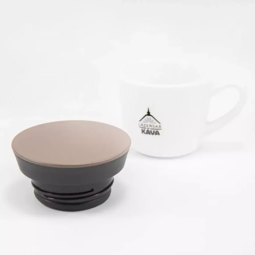 Top view of the Kino Travel Tumbler Khaki 500ml thermos lid with a white coffee cup in the background.