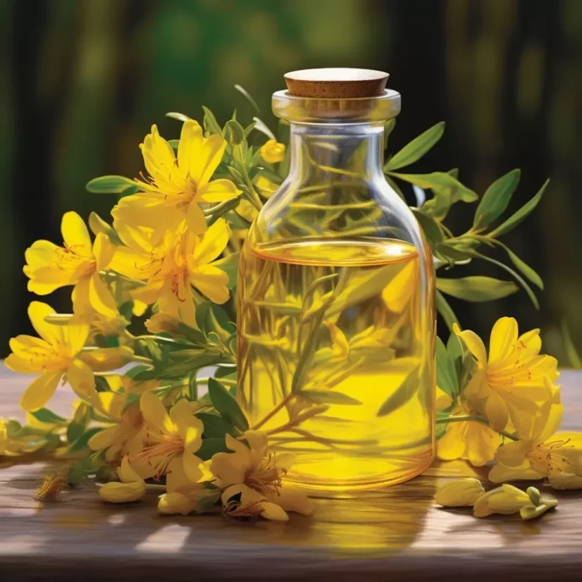 Glass bottle with 10 ml of 100% natural St. John's wort essential oil, perfect for relaxation and stress relief.
