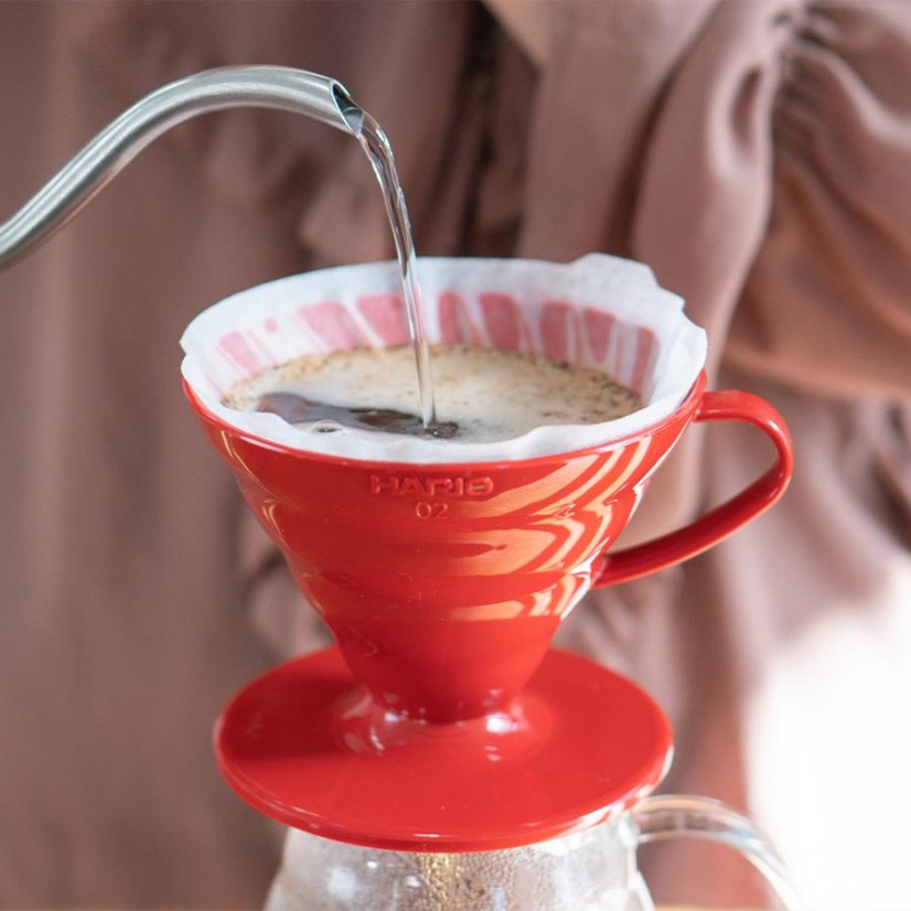Préparation du café dans un dripper en plastique Hario V60-02.