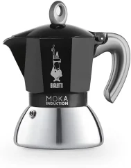 Cafetera Moka de aluminio apta para inducción con capacidad para dos tazas y logo del fabricante - la empresa italiana Bialetti.