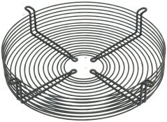 Méi grousst ronnt Drot-Schutzgitter fir de Ventilator mat véier Halterunge laanscht de Rand.