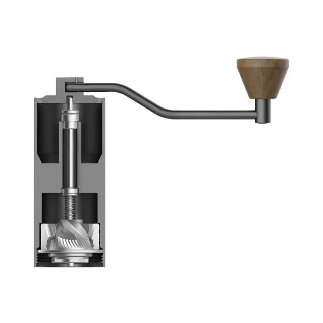 Pohľad na mechanizmus mletia kávy v ručnom mlynčeku Timemore Slim