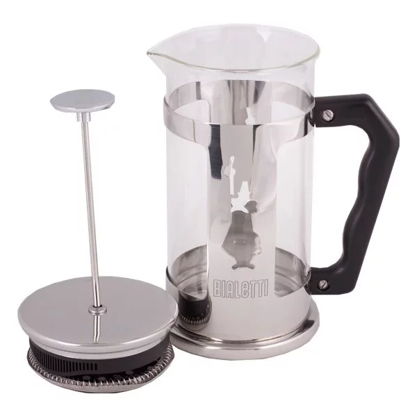 Bialetti Preziosa 1000 ml French Press with a component with a sieve placed next to it.