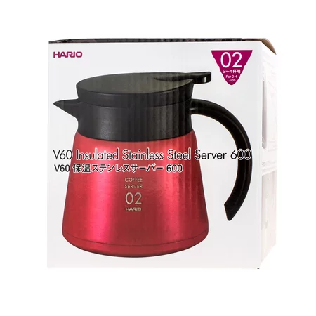 Thermos en acier inoxydable rouge Hario Insulated Server V60-02 d'une capacité de 600 ml, idéale pour garder votre café chaud.