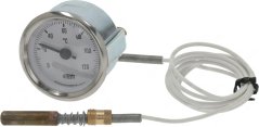Wäisse Fernthermometer mat enger Skala vun 0 bis 120 °C, engem wäisse Kabel an enger gewuente Messingsond.