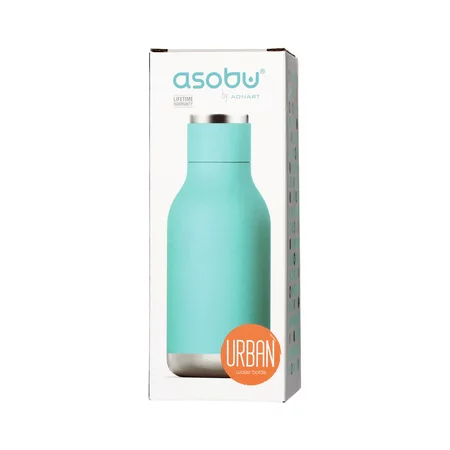 Imagen de una botella de agua urbana Asobu de 460 ml en color turquesa, hecha de acero inoxidable.