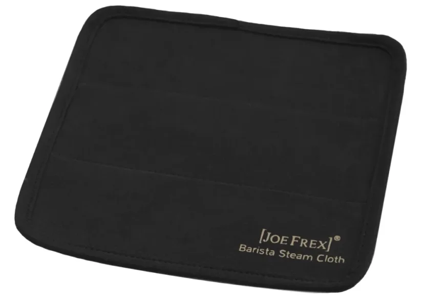 Black barista towel for steam wand on a white background