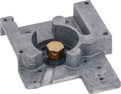 Bearbecht Aluminiums-Braugrupp mat engem zentrale Lach, Messingschrauwen a Montagelächer op de Säiten.