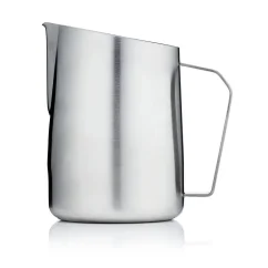 Silver barista milk frothing pitcher with a 600 ml capacity on a white background