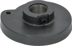 Plastik Exzentriker Omas ø 69 mm, aus engem anere Wénkel, Detail vun der zentraler Bohrung mat eckegem Nabel an enger Stellschrauf.