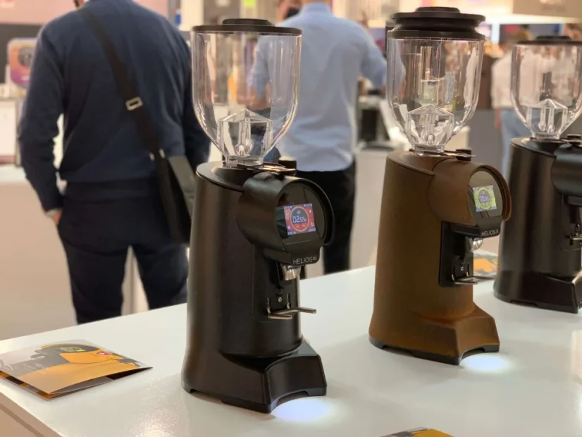 Eureka Helios 80 espresso grinder in grey with 80 mm grinding burrs.