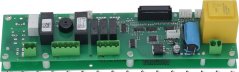 Kontrolleur-Elektronikplack 225x60 mm, gréng Plack mat mehrere Relaisen, engem Transformator, engem grousse Kondensator a Stecker.