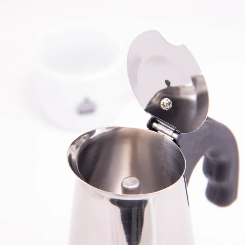 Stainless steel Forever Miss Conny moka pot, designed for preparing 4 cups of coffee.