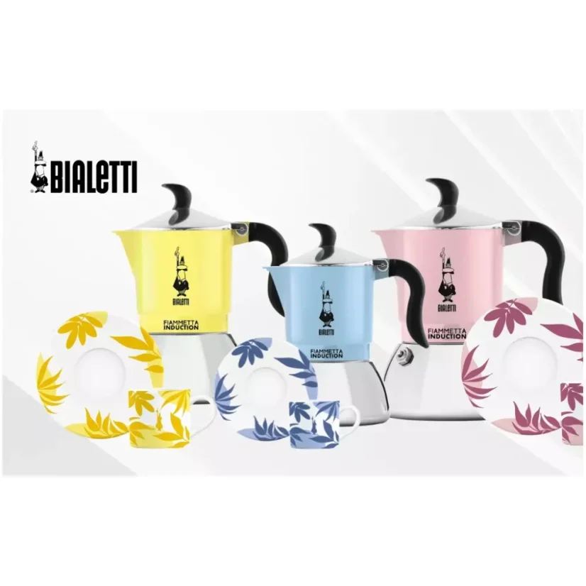 The blue Bialetti Fiammetta Induction Primavera moka pot for four cups combines elegant design with practical use.