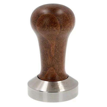 Handtamper für Kaffee mit einem Durchmesser von 51 mm und braunem Holzgriff.