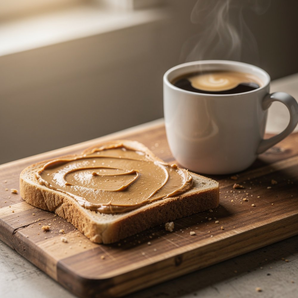 Toast with peanut butter and a cup of specialty coffee
